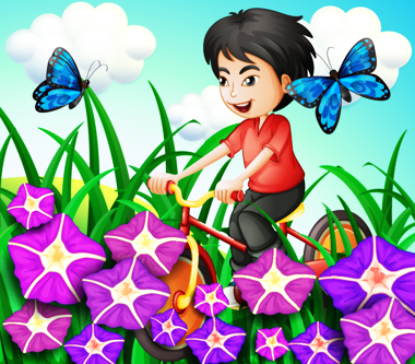 یک پسر در حال دوچرخه سواری در باغ با گل‌ها و پروانه‌ها / A Boy Biking In The Garden-With Flowers And Butterflies