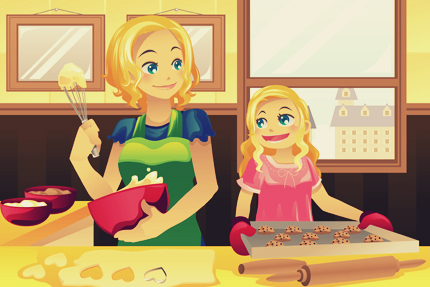 مادر و دختر در حال پختن کلوچه در آشپزخانه