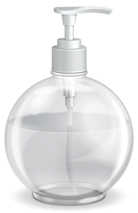 بطری شیشه‌ای و گرد پمپی صابون مایع