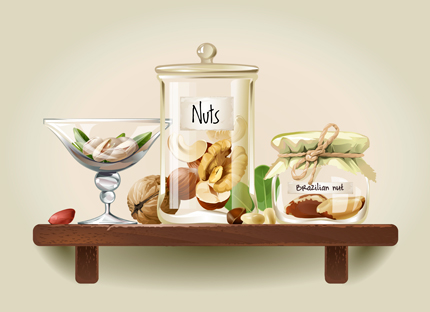 خشکبار در ظروف شیشه‌ای روی قفسه چوبی / Nuts In Glass Jars On Wooden Shelf